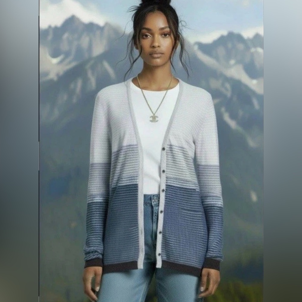 St. John Denim BlueOmbre Stripe Cashmere Cardigan Sweater L MSRP $699